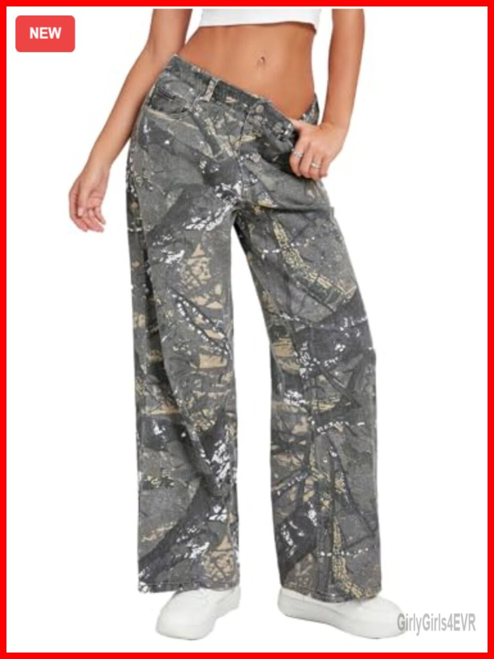 Baggy Wide Leg Camo Pants Mid Rise Elastic Waist Army Fatigue Denim Jeans